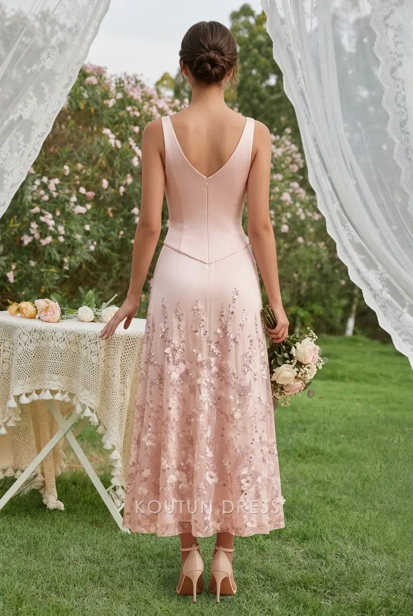 Elegant A-Line V-Neck Sleeveless Sequin Embellished Pink Midi Prom Dresses Women's Gown