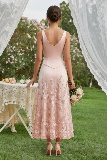 Elegant A-Line V-Neck Sleeveless Sequin Embellished Pink Midi Prom Dresses Women's Gown