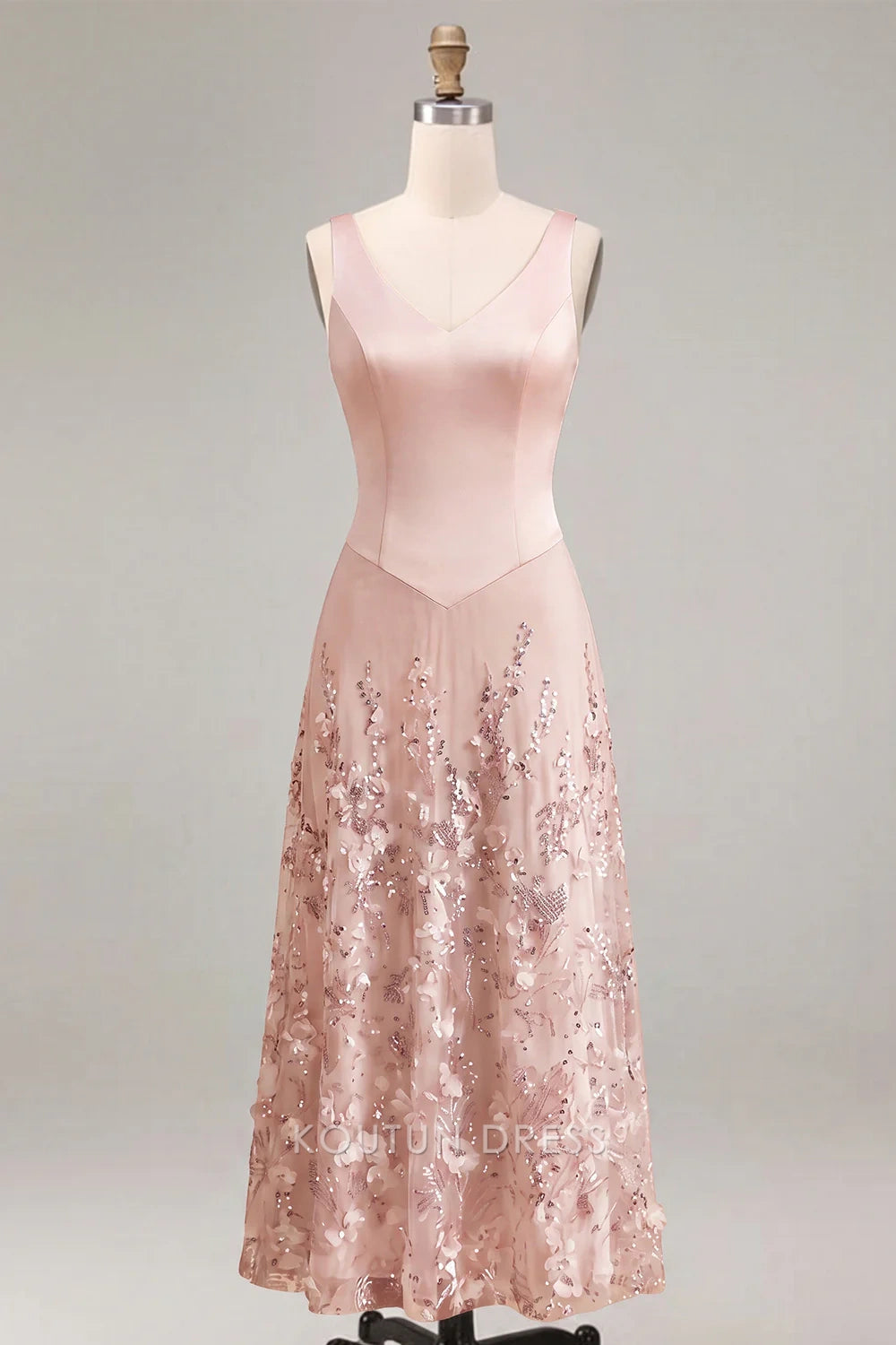 Elegant A-Line V-Neck Sleeveless Sequin Embellished Pink Midi Prom Dresses Women's Gown
