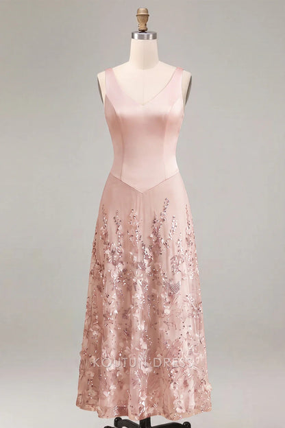 Elegant A-Line V-Neck Sleeveless Sequin Embellished Pink Midi Prom Dresses Women's Gown