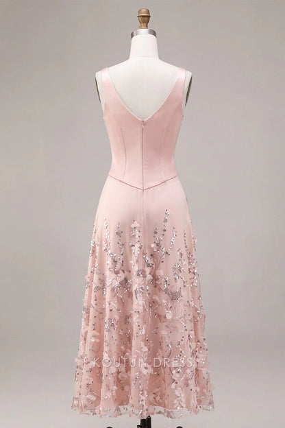 Elegant A-Line V-Neck Sleeveless Sequin Embellished Pink Midi Prom Dresses Women's Gown
