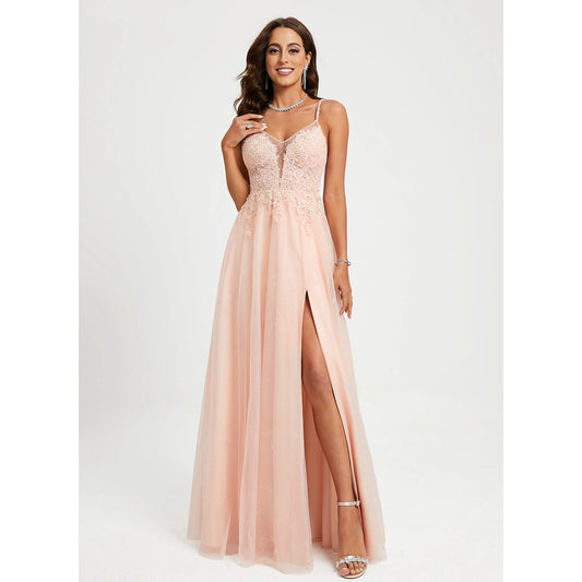 Elegant A-Line V-Neck Sleeveless Slit Blush Pink Floor-Length Prom Gown