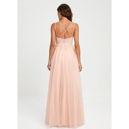 Elegant A-Line V-Neck Sleeveless Slit Blush Pink Floor-Length Prom Gown