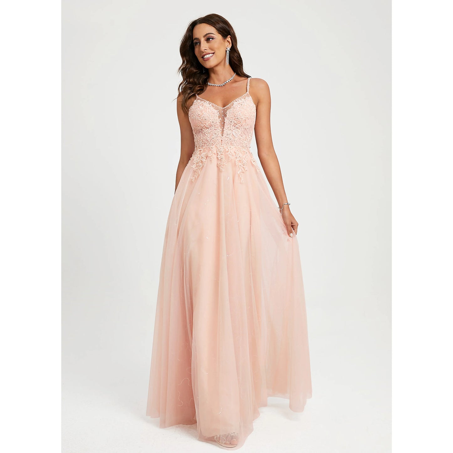 Elegant A-Line V-Neck Sleeveless Slit Blush Pink Floor-Length Prom Gown