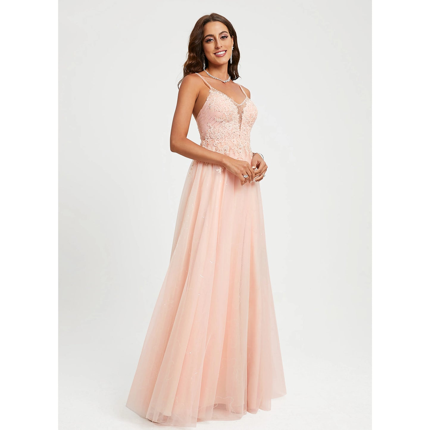 Elegant A-Line V-Neck Sleeveless Slit Blush Pink Floor-Length Prom Gown