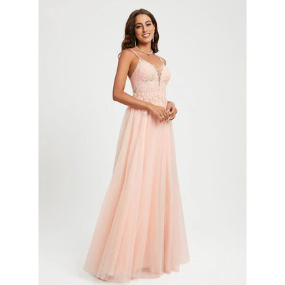 Elegant A-Line V-Neck Sleeveless Slit Blush Pink Floor-Length Prom Gown