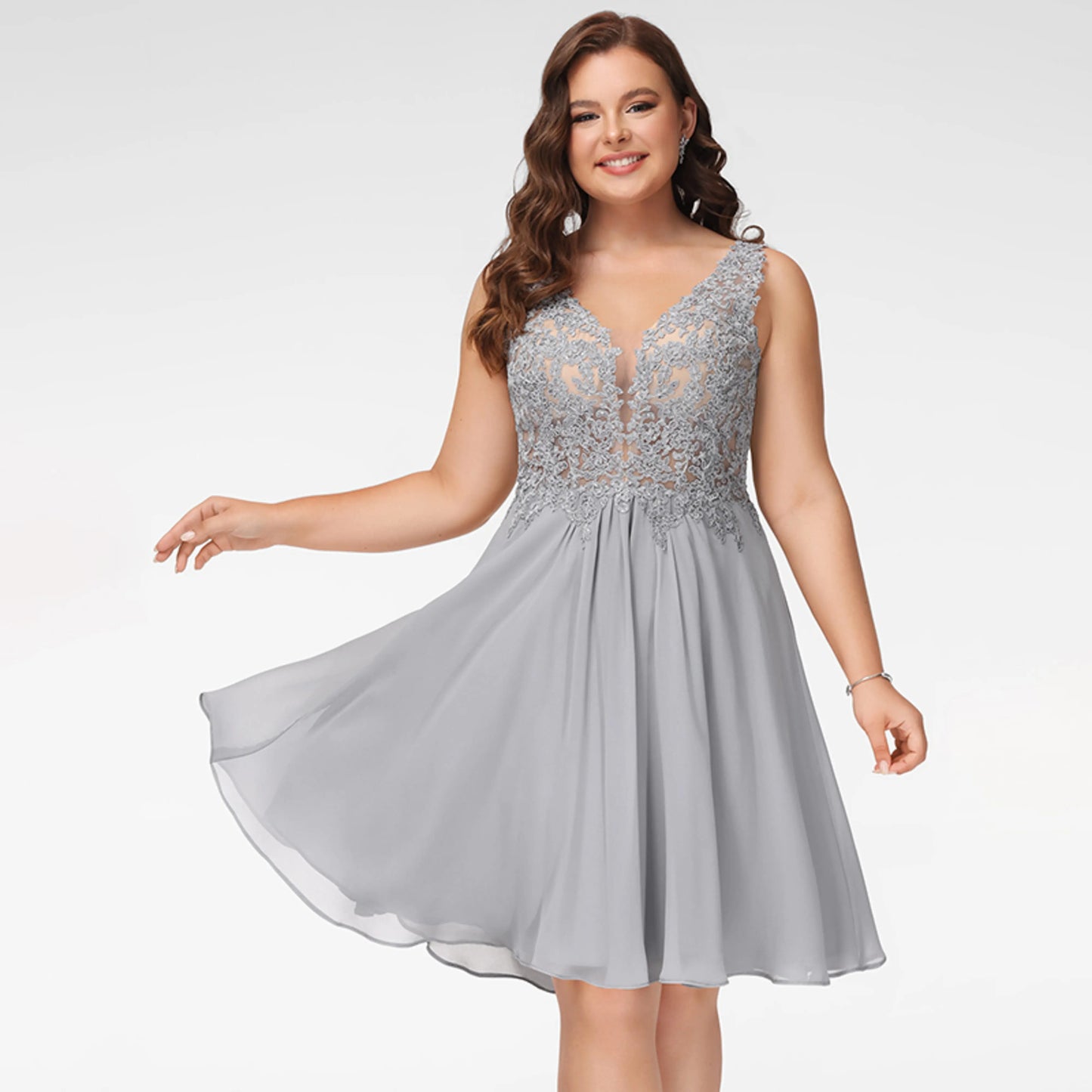 Elegant A-Line V-Neck Sleeveless Sparkly Flowy Grey Short Homecoming Dresses