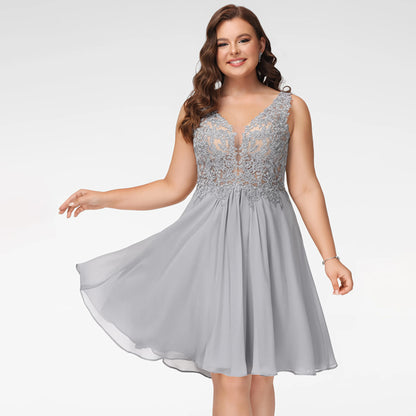 Elegant A-Line V-Neck Sleeveless Sparkly Flowy Grey Short Homecoming Dresses