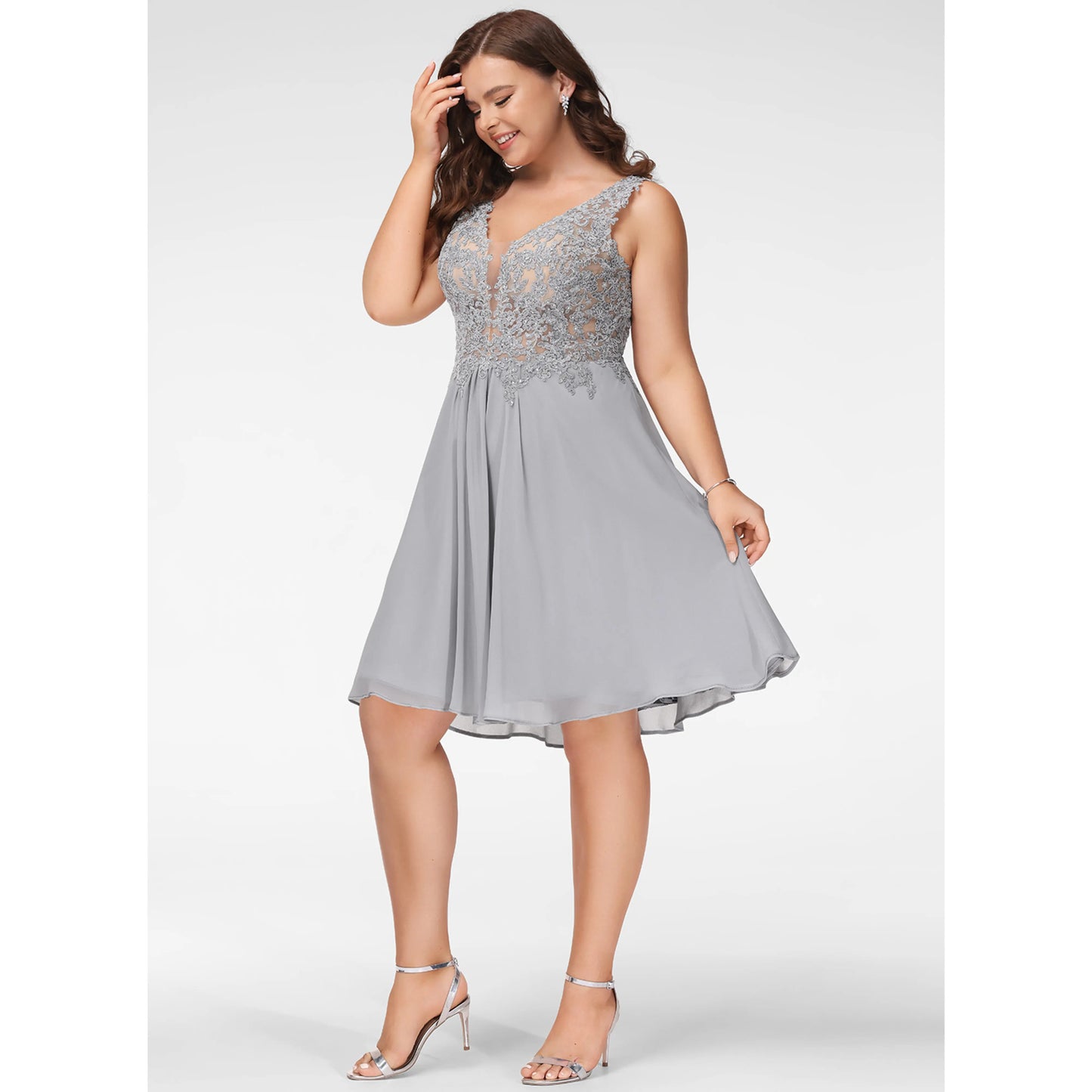 Elegant A-Line V-Neck Sleeveless Sparkly Flowy Grey Short Homecoming Dresses