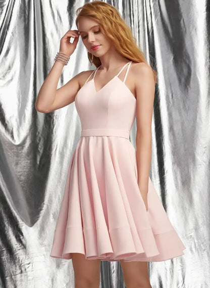 Elegant A-Line V-Neck Sleeveless Strappy Blush Short Homecoming Dress
