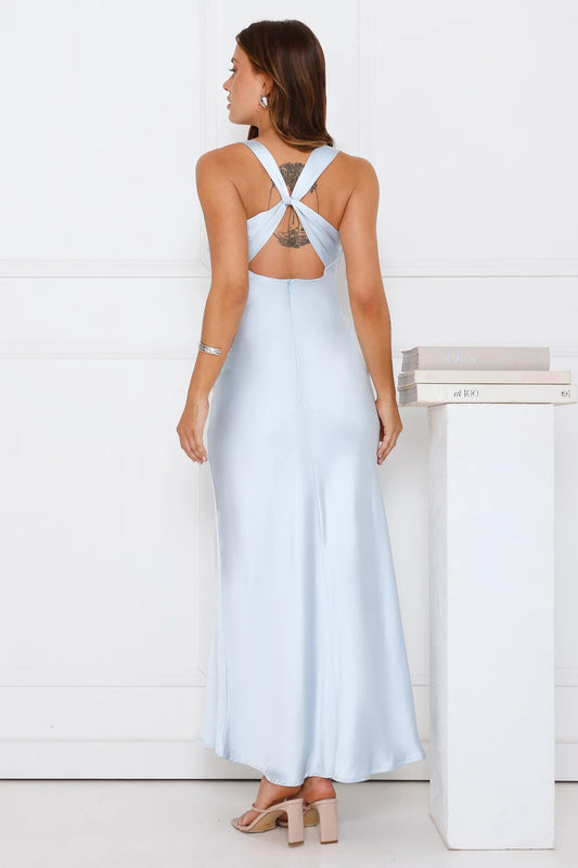 Elegant A-Line V-Neck Sleeveless Tie-Front Backless Light Blue Maxi Prom Dress