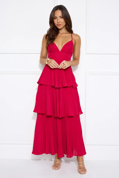Elegant A-Line V-Neck Sleeveless Tiered Flowy Hot Pink Maxi Prom Gown