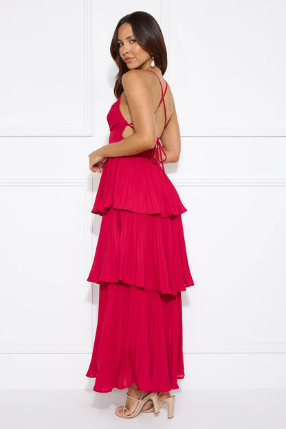 Elegant A-Line V-Neck Sleeveless Tiered Flowy Hot Pink Maxi Prom Gown