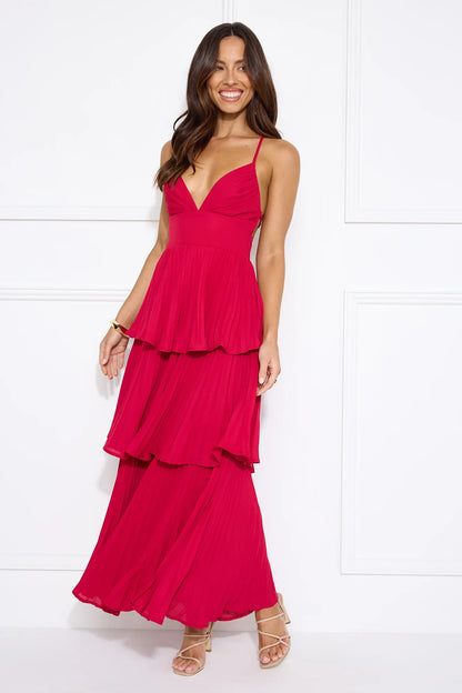 Elegant A-Line V-Neck Sleeveless Tiered Flowy Hot Pink Maxi Prom Gown