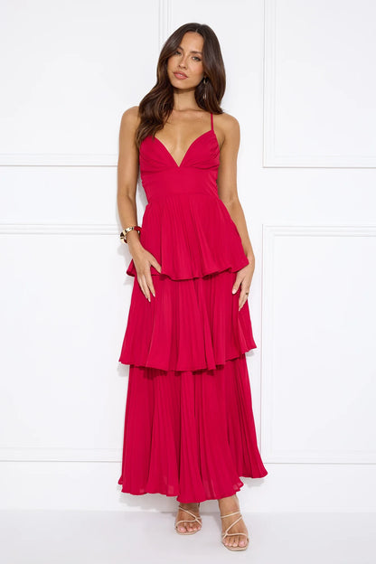 Elegant A-Line V-Neck Sleeveless Tiered Flowy Hot Pink Maxi Prom Gown