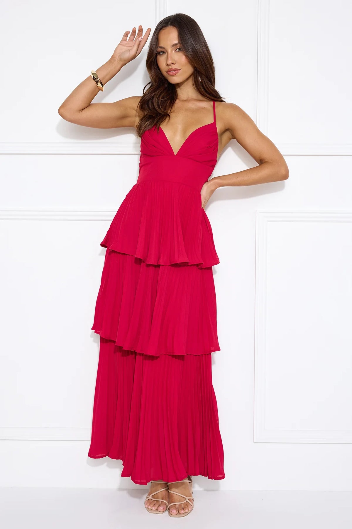 Elegant A-Line V-Neck Sleeveless Tiered Flowy Hot Pink Maxi Prom Gown