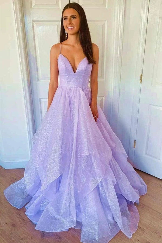 Elegant A-Line V-Neck Sleeveless Tiered Glitter Lavender Floor-Length Prom Dress Gown
