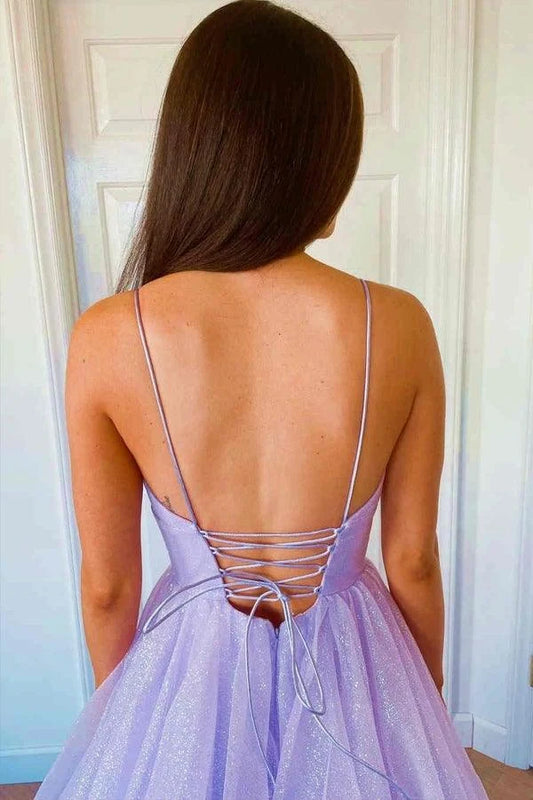 Elegant A-Line V-Neck Sleeveless Tiered Glitter Lavender Floor-Length Prom Dress Gown
