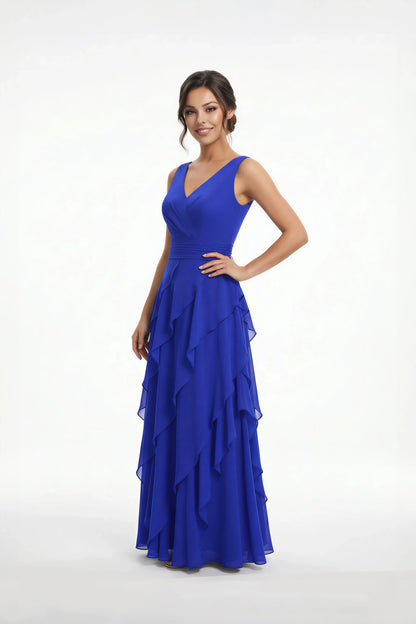 Elegant A-Line V-Neck Sleeveless Tiered Royal Blue Floor-Length Mother of the Bride Dress