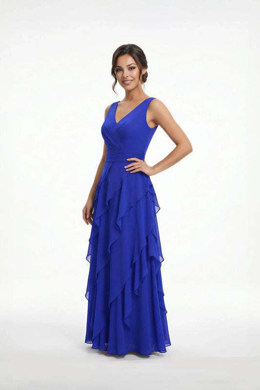 Elegant A-Line V-Neck Sleeveless Tiered Royal Blue Floor-Length Mother of the Bride Dress