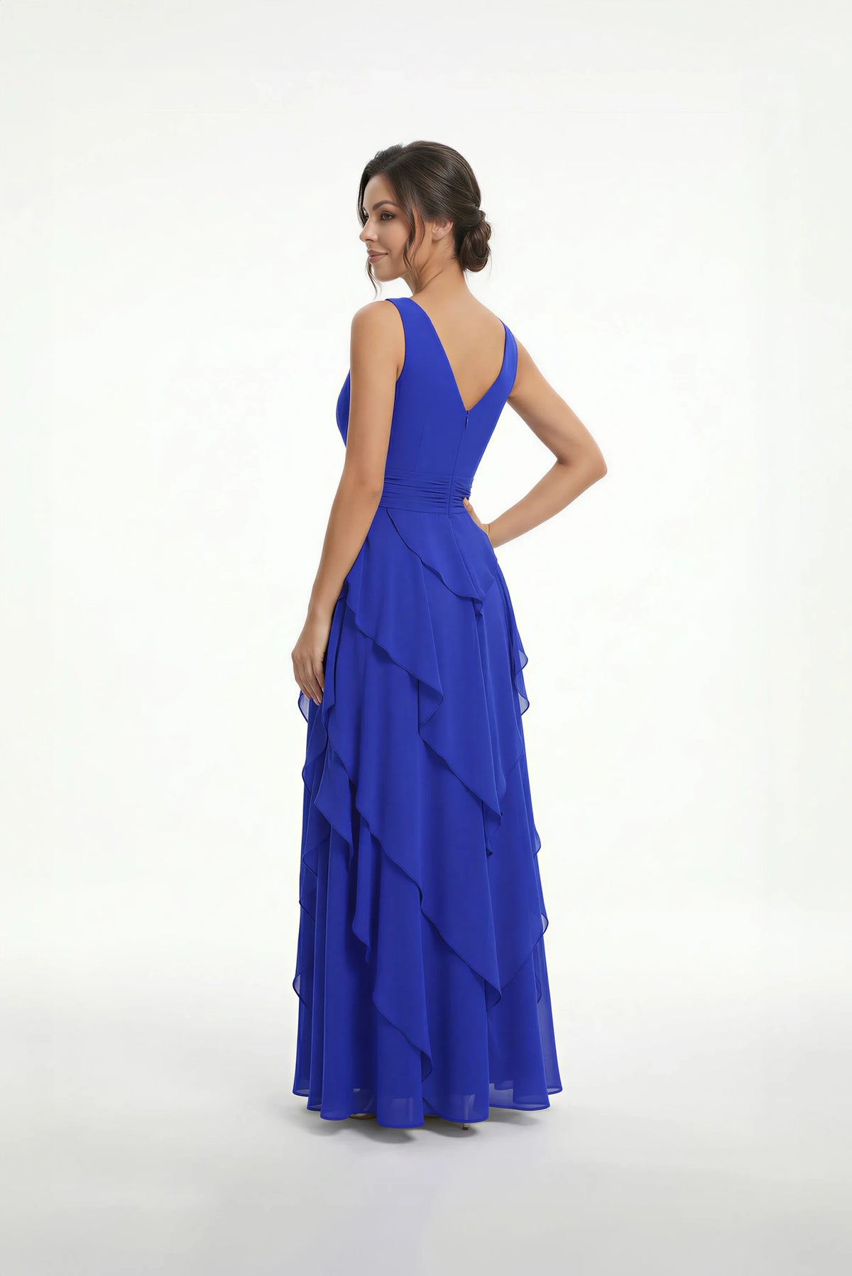 Elegant A-Line V-Neck Sleeveless Tiered Royal Blue Floor-Length Mother of the Bride Dress
