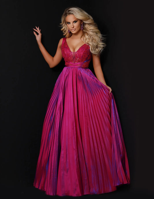 Elegant A-Line V-Neck Sleeveless Two-Tone Pleated Fuchsia Floor-Length Evening Gown