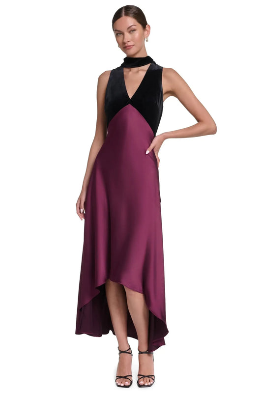 Elegant A-Line V-Neck Sleeveless Two-Tone Plum Midi Mother of the Bride Gown