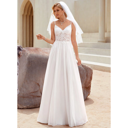 Elegant A-Line V-Neck Sleeveless White Floor-Length Wedding Dresses Bridal Gown