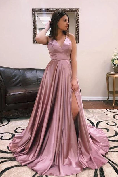 Elegant A-Line V-Neck Spaghetti Strap High Slit Dusty Rose Long Prom Gown