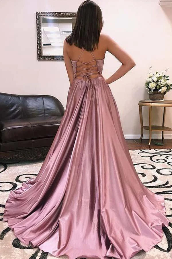 Elegant A-Line V-Neck Spaghetti Strap High Slit Dusty Rose Long Prom Gown