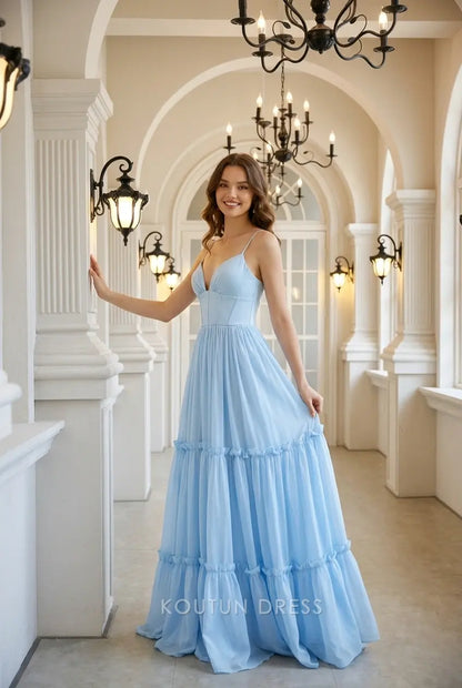 Elegant A-Line V-Neck Spaghetti Strap Tiered Light Blue Floor-Length Prom Gown