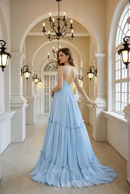 Elegant A-Line V-Neck Spaghetti Strap Tiered Light Blue Floor-Length Prom Gown