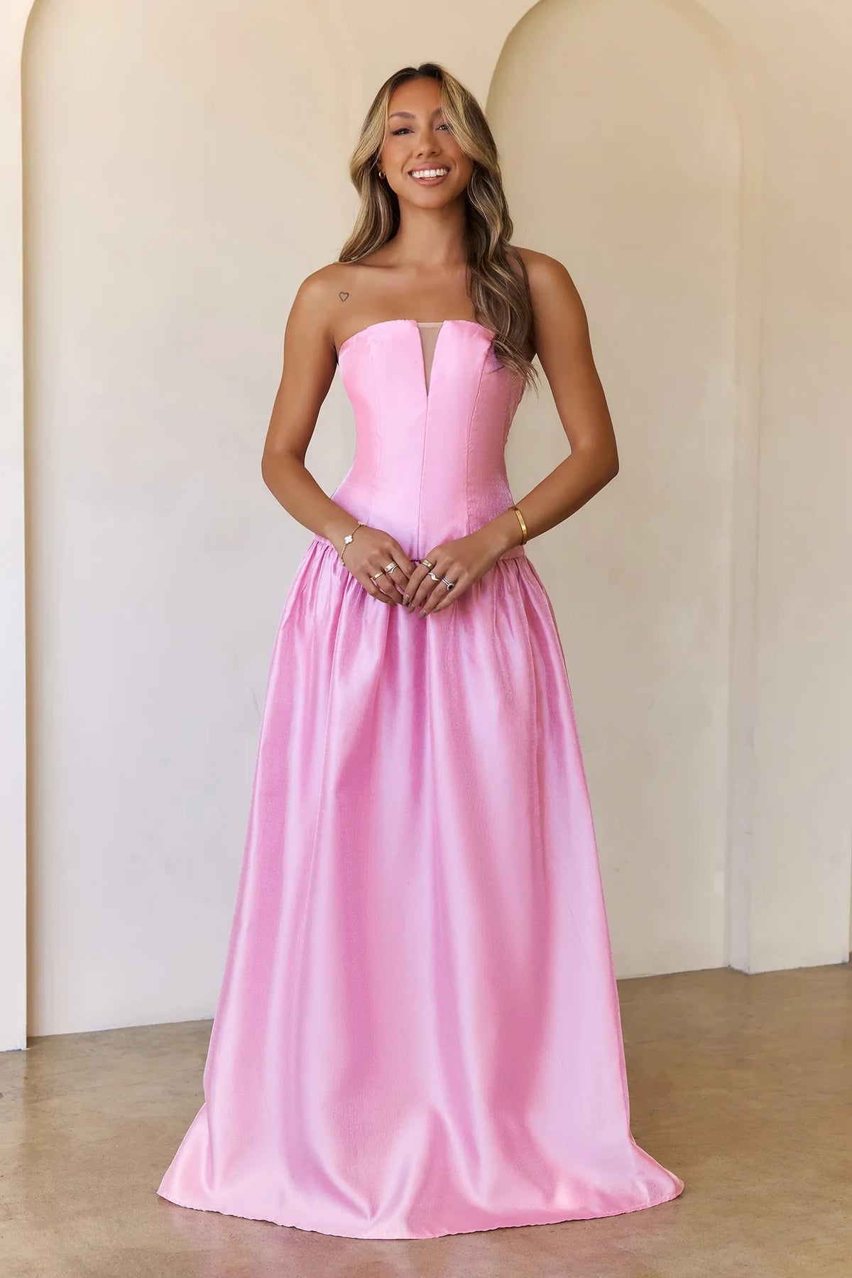Elegant A-Line V-Neck Strapless Sleeveless Corset Pink Floor-Length Prom Dress
