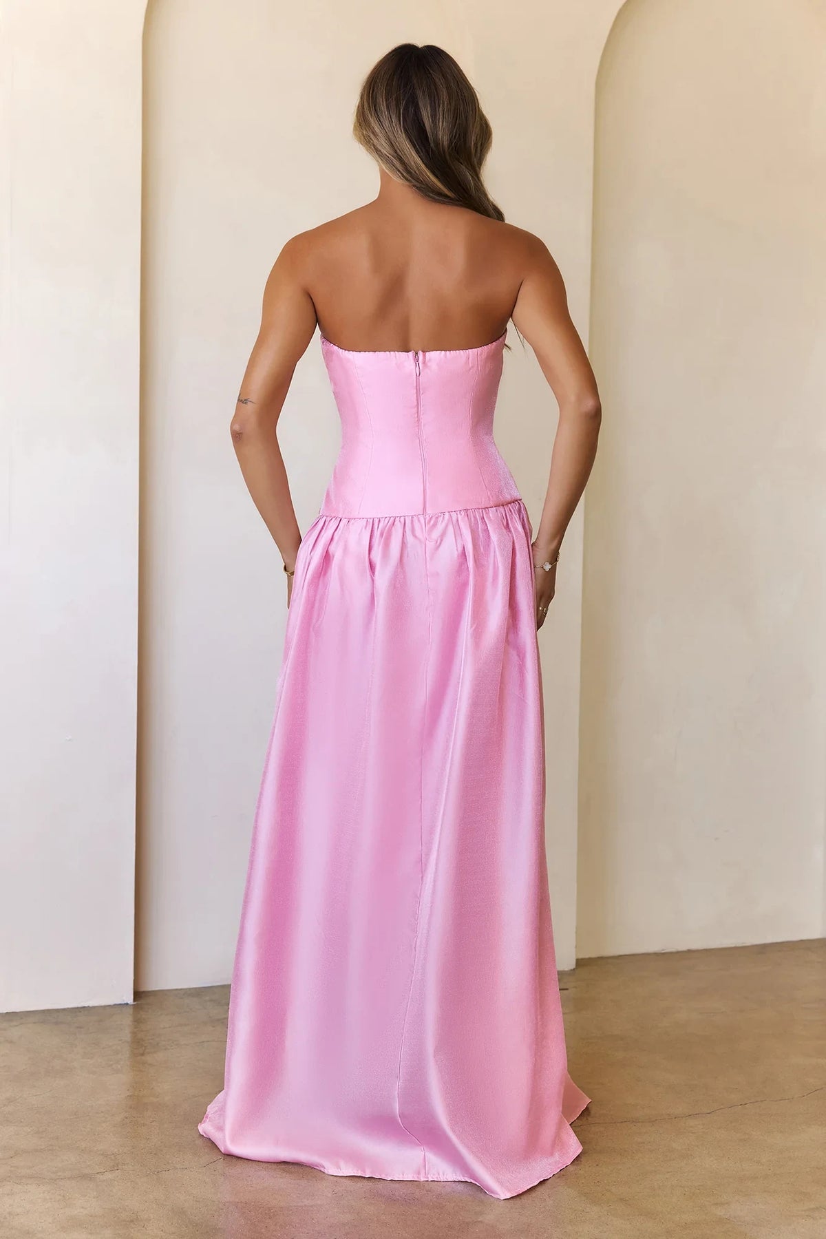 Elegant A-Line V-Neck Strapless Sleeveless Corset Pink Floor-Length Prom Dress
