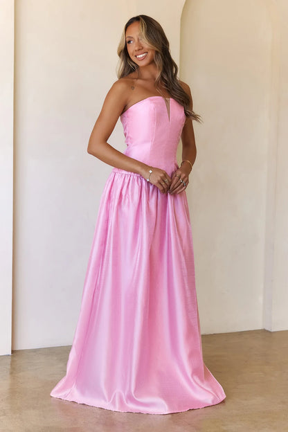 Elegant A-Line V-Neck Strapless Sleeveless Corset Pink Floor-Length Prom Dress