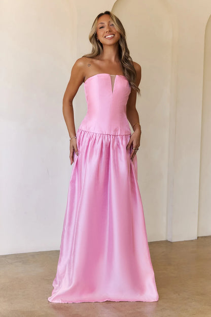 Elegant A-Line V-Neck Strapless Sleeveless Corset Pink Floor-Length Prom Dress