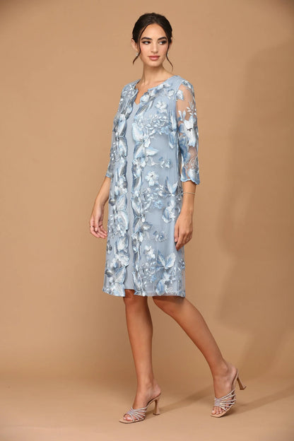 Elegant A-Line V-Neck Three-Quarter-Sleeve Floral Embroidered Light Blue Knee Mother of the Bride Dress