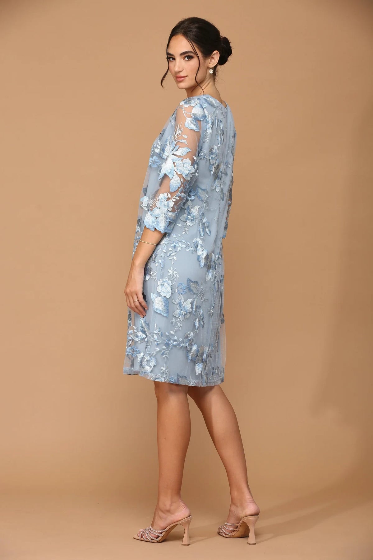 Elegant A-Line V-Neck Three-Quarter-Sleeve Floral Embroidered Light Blue Knee Mother of the Bride Dress