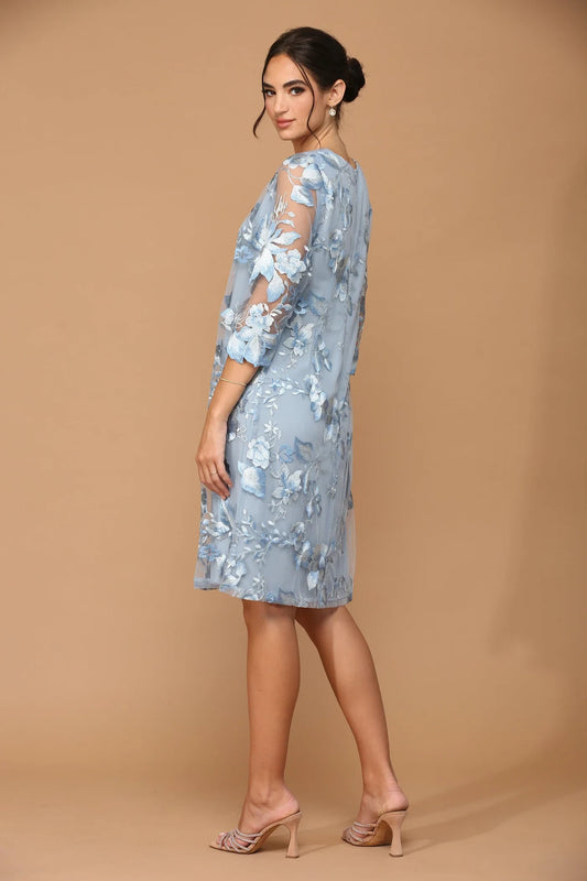 Elegant A-Line V-Neck Three-Quarter-Sleeve Floral Embroidered Light Blue Knee Mother of the Bride Dress