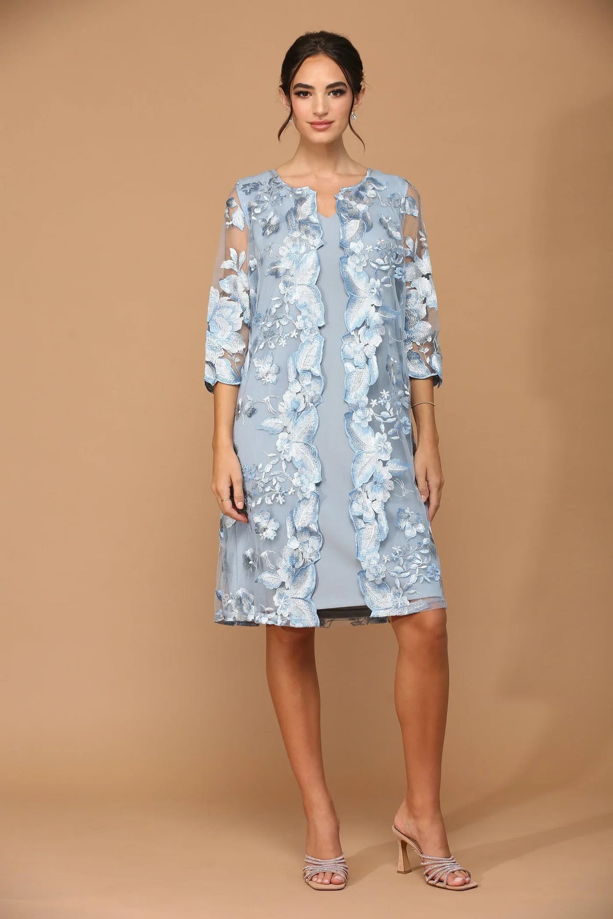 Elegant A-Line V-Neck Three-Quarter-Sleeve Floral Embroidered Light Blue Knee Mother of the Bride Dress