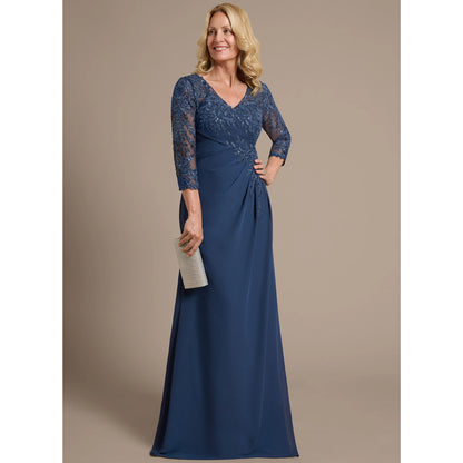 Elegant A-Line V-Neck Three-Quarter Sleeve Beaded Navy Blue Floor-Length Mother of the Bride Gown