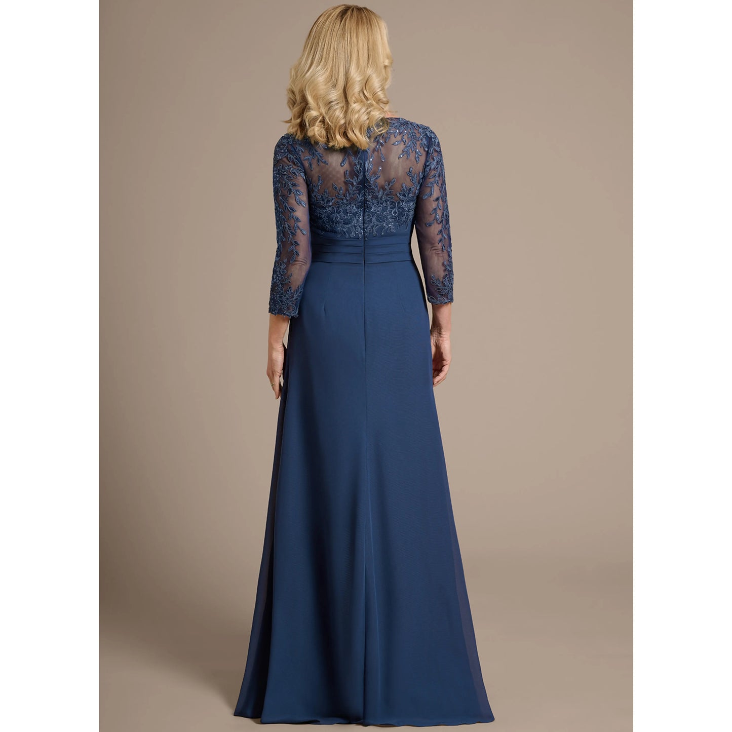 Elegant A-Line V-Neck Three-Quarter Sleeve Beaded Navy Blue Floor-Length Mother of the Bride Gown