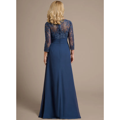 Elegant A-Line V-Neck Three-Quarter Sleeve Beaded Navy Blue Floor-Length Mother of the Bride Gown