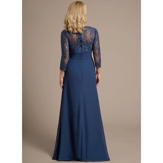 Elegant A-Line V-Neck Three-Quarter Sleeve Beaded Navy Blue Floor-Length Mother of the Bride Gown