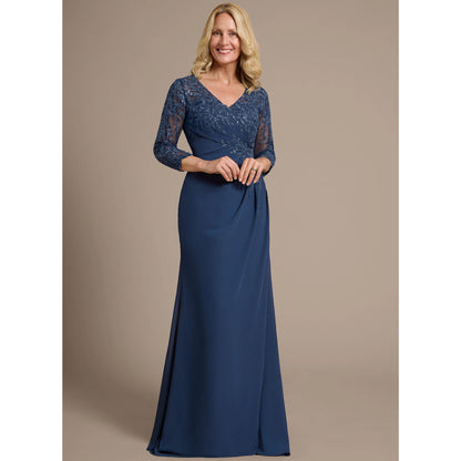 Elegant A-Line V-Neck Three-Quarter Sleeve Beaded Navy Blue Floor-Length Mother of the Bride Gown