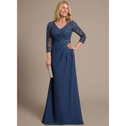 Elegant A-Line V-Neck Three-Quarter Sleeve Beaded Navy Blue Floor-Length Mother of the Bride Gown