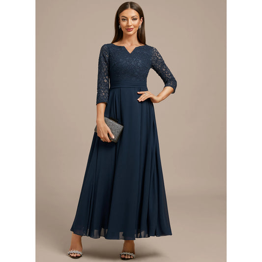 Elegant A-Line V-Neck Three-Quarter Sleeve Beaded Navy Blue Mother of the Bride Gown