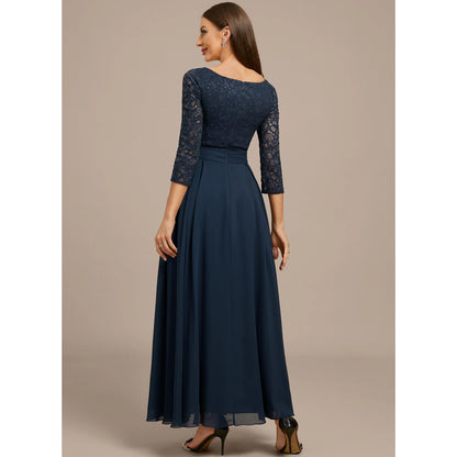 Elegant A-Line V-Neck Three-Quarter Sleeve Beaded Navy Blue Mother of the Bride Gown