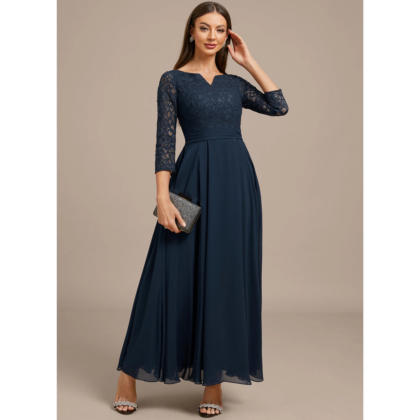 Elegant A-Line V-Neck Three-Quarter Sleeve Beaded Navy Blue Mother of the Bride Gown