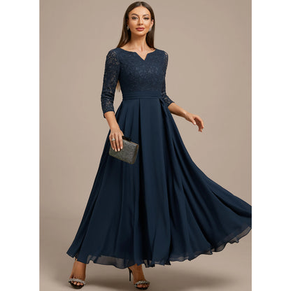 Elegant A-Line V-Neck Three-Quarter Sleeve Beaded Navy Blue Mother of the Bride Gown